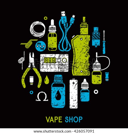 Vector illustration of e-cigarette and accessories for vape shop. Icons set Isolated on black background. logo creation kit. Grunge texture icons. T-shirt print, poster design