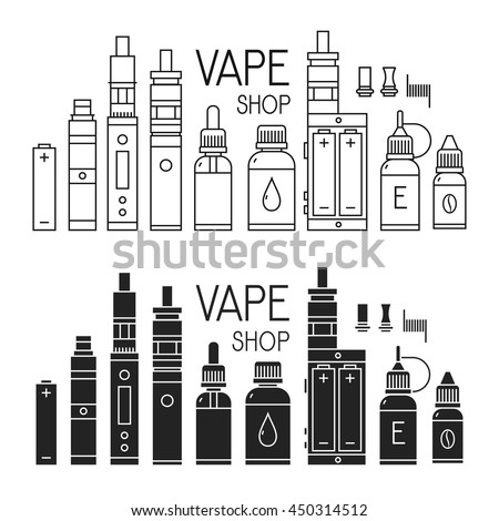 Vector icons of vape and accessories for vape shop, e-cigarette store. Isolated on white background. Illustration of electronic cigarette and accessories. Vape shop icons set. logo creation kit