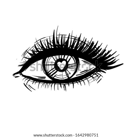 Eye with heart and long lashes black and white illustration vector, love concept