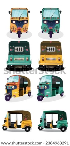 Set of yellow and Green auto-rickshaw illustrations in India. with rickshaw paint on it. front view of tuk-tuk.