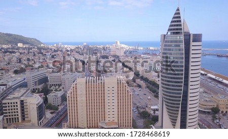 View from above on the downtown area of Haifa Israel. Haifa Port Area and famous ״TIL' Building. Foto stock © 