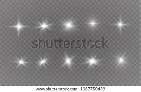 Glow isolated white transparent light effect set, lens flare, explosion, glitter, line, sun flash, spark and stars. Abstract special effect element design. Shine ray with lightning