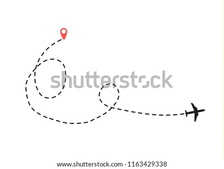 The airplane is in a dotted line. Summer flat is black. The waypoint is for a tourist trip. The dots and its track are on a white background. Vector illustration. Tourism and travel.