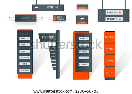 A set of signboards for business. Direction, wall mount and billboard design. A set of outdoor and indoor signs for advertising. a sign of a pylon, signboards, advertising construction of signboards.