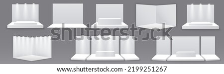 
Exhibition stand. White empty advertising stand with desk. Vector white blank geometric square. Presentation room display. White creative exhibition stand design. Stand template. Corporate identity.