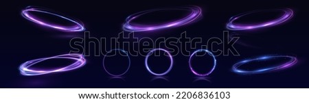 Neon swirl. Curve blue line light effect. Abstract ring background with glowing swirling background. Energy flow tunnel. Blue portal, platform. Magic circle vector. Luminous spiral. round frame with l