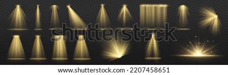 Vector spotlight. Yellow color light effect. Glowing isolated golden sparkling light effect. Spark spotlight special effect design. Ray vector element. Glowing isolated yellow transparent.