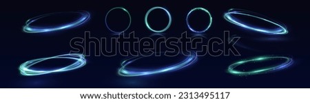 Neon swirl. Curve blue line light effect. Abstract ring background with glowing swirling background. Energy flow tunnel. Blue portal, platform. Magic circle vector. Luminous spiral. round frame