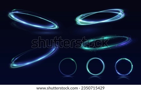 Neon swirl. Curve blue line light effect. Abstract ring background with glowing swirling background. Energy flow tunnel. Blue portal, platform. Magic circle vector. Luminous spiral. round frame