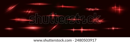 Light red effect reflections, neon illumination in red colors. Bright light lens. Police light effects, lines. Shiny stars, glowing sparks on a black background. Vector red light effect