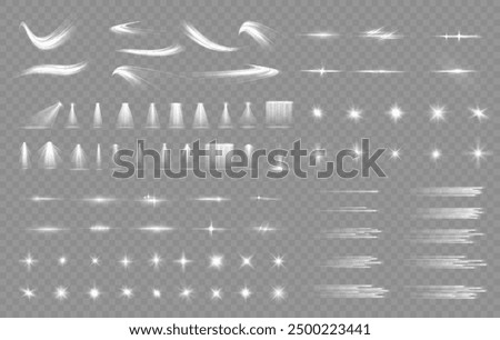 Set of lighting effects effect, beam, sparkle, line, glow, white. Glow abstract isolated curve lens of light effects. Lens flare, explosion, sparkle, line, vortex ray, sparks and stars, spotlight