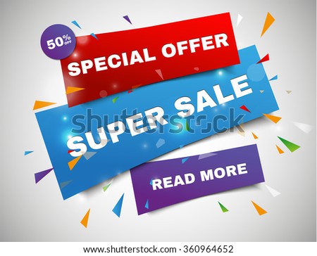 Super Sale paper banner. Sale background. Super Sale and special offer. 50% off. Vector illustration