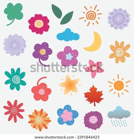 Beautiful flowers, leaves, moon, sun, star, and cloud illustration vector png decoration. children's style. decorative clipart of colorful vector flowers, leaves, moon, sun, star, and cloud