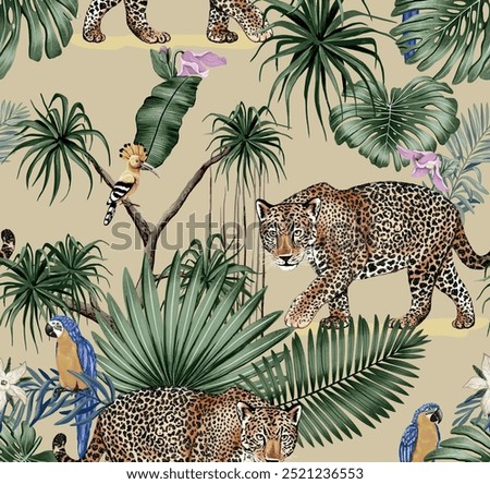 Spot panthers in the jungle with blue parrots. Seamless pattern with hand drawn digital illustrations with tropical theme.