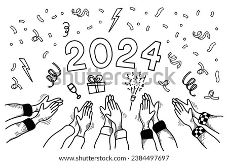 Happy New Year 2024. doodle hands of people who are celebrating the new year. applause and fire work. vector illustration
