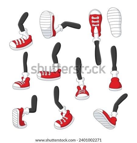 Cartoon legs in shoes. Comic retro feet in different poses, funny character mascot foot in boot, leg standing, walking, running, jumping.