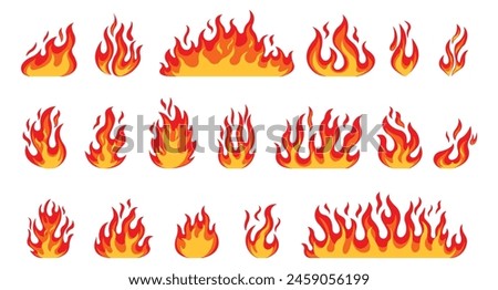 Fire flames, bright fireball, heat wildfire and red hot bonfire, campfire, red fiery flames isolated vector illustration set. Animated form and square, fireball and flame	
