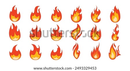 Fire flames, bright fireball, heat wildfire and red hot bonfire, campfire, red fiery flames isolated vector illustration set. Animated form and square, fireball and flame