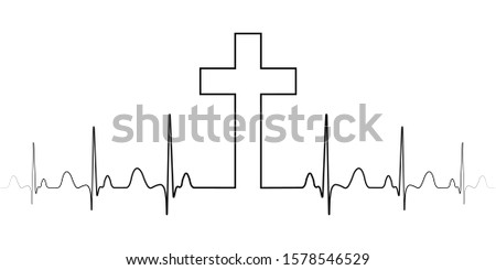 Cross mark symbol Christian faith, a vector single line, the cross and the pulse heart beats, the excitement of religion