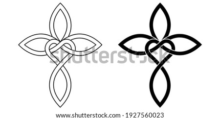 Sign of infinite love for God, heart with infinity symbol and cross, vector tattoo logo of love and faith in God, calligraphic cross