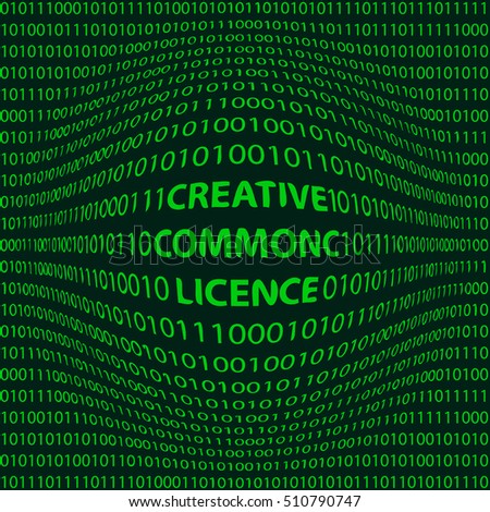 concept creative commons license matrix style background with a bulge word creative commons license in the foreground and crumbling the numbers one and zero, the bits and bytes of green color, vector