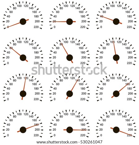 set of speedometers, measuring speeds of up to 220 kilometers per hour or miles per hour, with step 20, the red arrow points to a certain speed, vector template