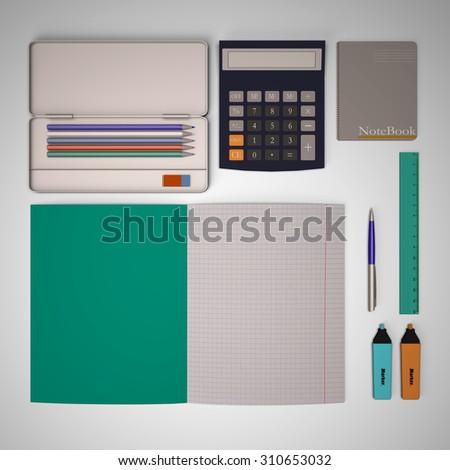 Stationery top view stylized mock up on the grey background. The set includes pencil-case, calculator, notebook, pen, highlighters and ruler