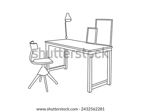 Simple work desk outline icon. Minimalist computer table outline. Modern office table vector, study desk linear. wooden workspace desk for workspace, a modern office armchair in black outlines.