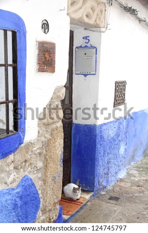Blue house,Old town of Trujillo, Caceres province, Extremadura, Spain