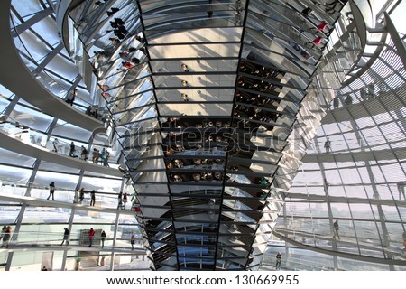 BERLIN, GERMANY-DECEMBER, 7: The Reichstag dome is a glass dome constructed on top of the rebuilt Reichstag building in Berlin, symbolize the reunification of Germany on December 7, 2012 in Berlin.