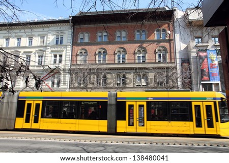 BUDAPEST, HUNGARY-CIRCA MARCH 2013:The Budapest tramway network In operation since 1866, the network is presently one of world\'s largest tram networks on March 2013 in Budapest.