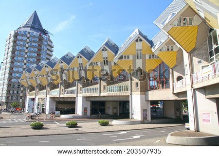 ROTTERDAM, Netherlands - JUNE 6: Cube houses designed by Piet Blom on June 6, 2014 in Rotterdam, Netherlands. They represents a village where each house is a tree. All the houses together a forest.