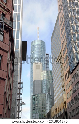 FRANKFURT - DECEMBER 9: Bottom view of skyscrapers in the central business district of Frankfurt am Main, on December 9, 2013 in Germany. Frankfurt is a largest financial centre in Europe.
