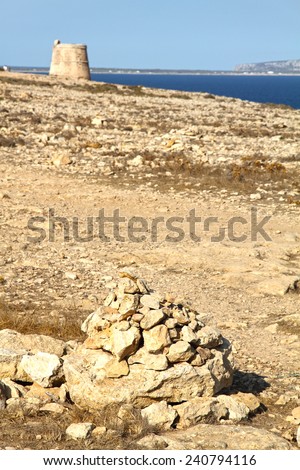 Medieval tower at Road to Barbaria lighthouse Formentera island Balearic islands Spain