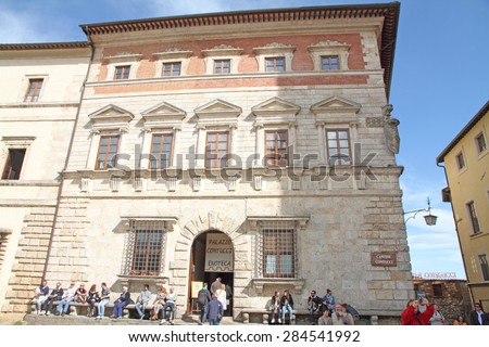 MONTEPULCIANO ITALY-MAY 1: Palazzos at Piazza Grande on May 1, 2015  at the top of Montepulciano, Tuscany, Italy. Palazzo Contucci is a cellar.