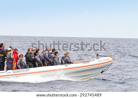 AZORES ISLANDS PORTUGAL-JUNE 12: Ride with Inflatable Boat after Whale Watching in the Atlantic Ocean on June 12, 2015 in Sao Miguel Azores.