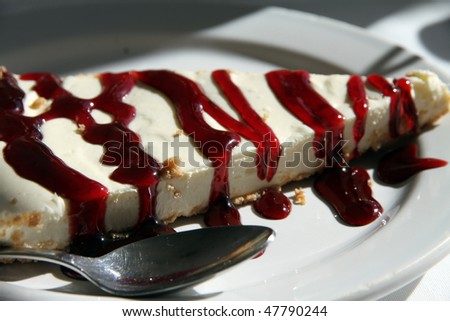 Closeup of cheese cake with jam on a plate