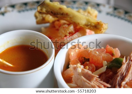 Appetizers:Vegs tempura, salad and gazpacho, restaurant of State run hotel Santa Catalina castle in Jaen, Spain