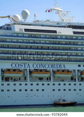 BARCELONA,SPAIN,OCTOBER 11-Costa Concordia cruise ship a few months before sinking in Italy-on October 11,  2011 in Barcelona harbor, Spain, Europe