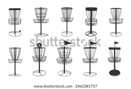 Disc golf silhouette, Disc golf basket silhouette, Austin disc golf silhouette, Disc golf vector set. 