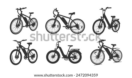 Electric bicycle silhouettes, E-bike silhouettes, Electric bike vector set