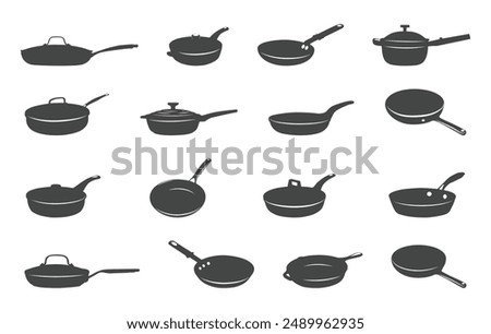 Frying pan silhouette, Cooking pan silhouette, Pans silhouette
