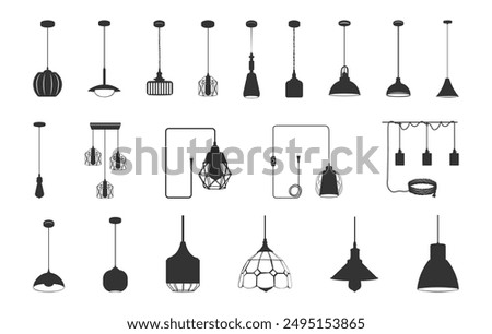 Pendant lamps silhouette, Ceiling lamp silhouette, Pendant lamp logo, Lamp silhouette, Pendant light icon, Ceiling lamp icon, Pendant lamps vector set. 
