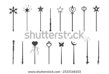 Magic wand silhouette, Wand silhouette, Magic stick vectors.