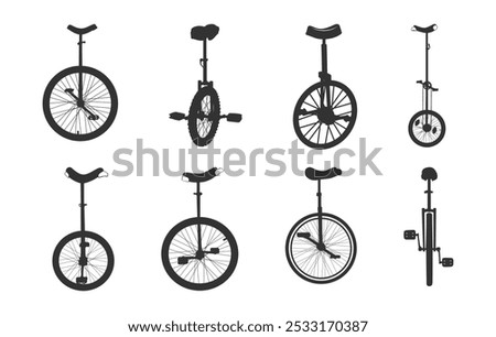 Circus unicycle silhouette, Unicycle silhouette, Riding unicycle vectors.