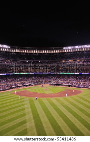 MINNEAPOLIS, MN - JUNE 15: View of Target Field at night during a Major League Baseball game between the Colorado Rockies and the Minnesota Twins on June 15, 2010 in Minneapolis, MN