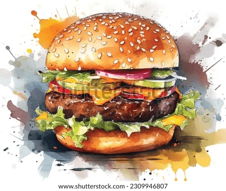 Large size burger. Watercolor vector art.