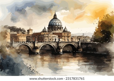 The Vatican city, Rome, Italy. watercolor vector art illustration.