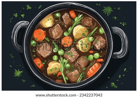 Beef meat and vegetable stew in a black bowl.