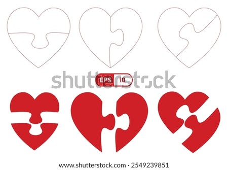 Heart shaped puzzle pieces in various configurations, showcasing love and connection. designs are simple yet expressive, can adjustable and editable, EPS 10 format.